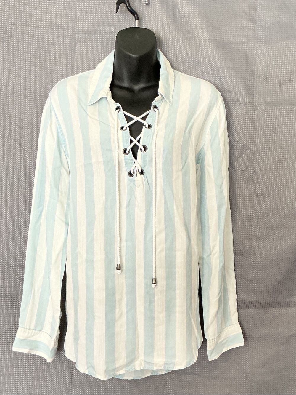 Anthropologie Pale Blue & White Striped Lace-Up Blouse